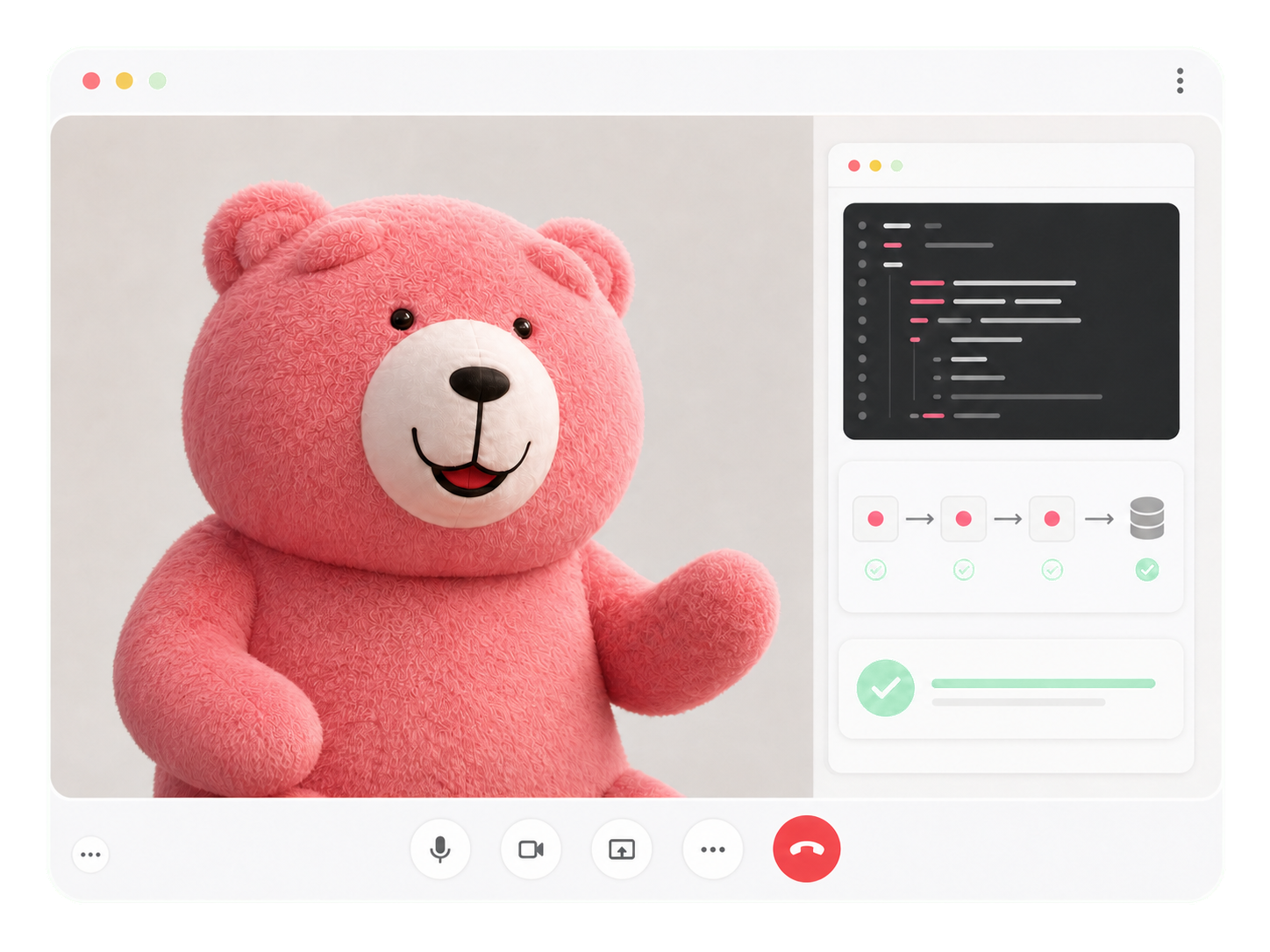 A pink Bruin bear in a video call beside a pipeline agent feature demonstration.